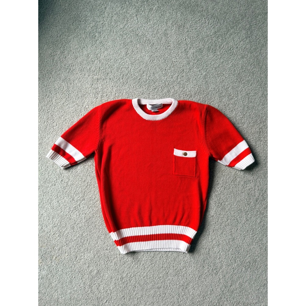 Evan-Picone Vintage Red Cotton Short Sleeve Sweater White Trim Pocket Womens M